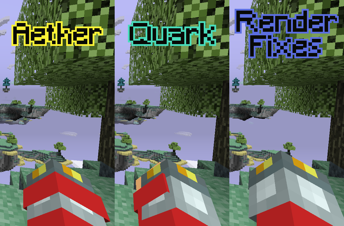 comparison of how the glove is rendered in first person when just The Aether mod, with the Quark mod, and with this mod, showcasing the fixes described in the description