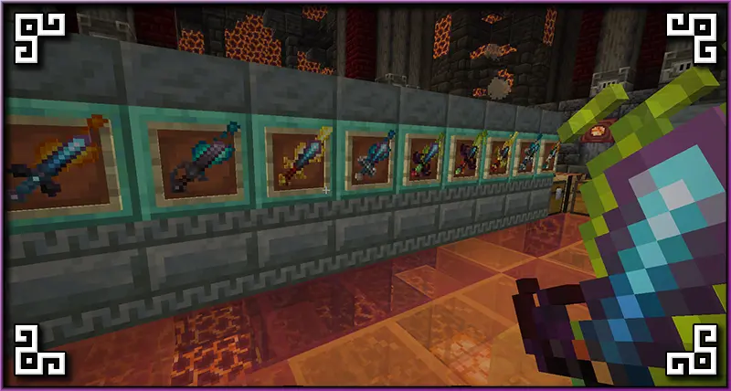 Wielding Flaming Bane of Arthropods Sword in front of display of swords