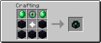 Crafting recipe for one World Accelerator. In order, from top left to bottom right: Emerald, Eye of Ender, Emerald, Obsidian, Nether Star, Obsidian, Obsidian, Obsidian, Obsidian.