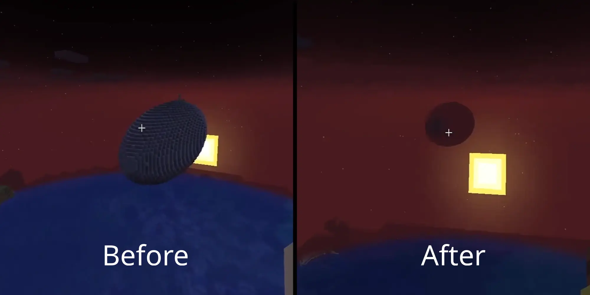 Before: the ship is shown closer to the player, as it cannot render any further. After: the ship is now shown further from the player, almost entirely consumed by the fog.