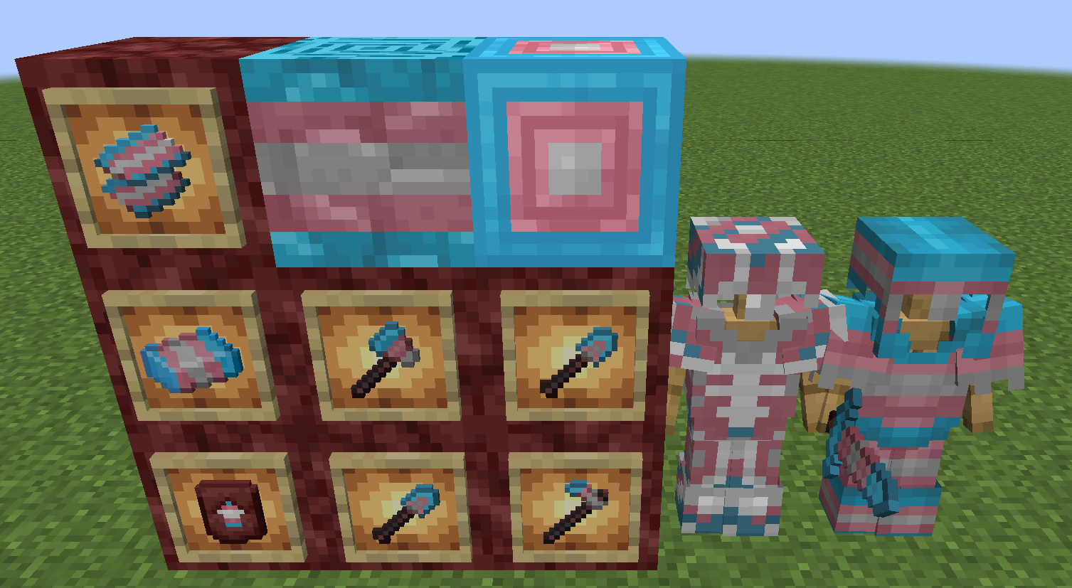 A screenshot showing a bunch of the retextured netherite items, colored to match the Transgender pride flag.