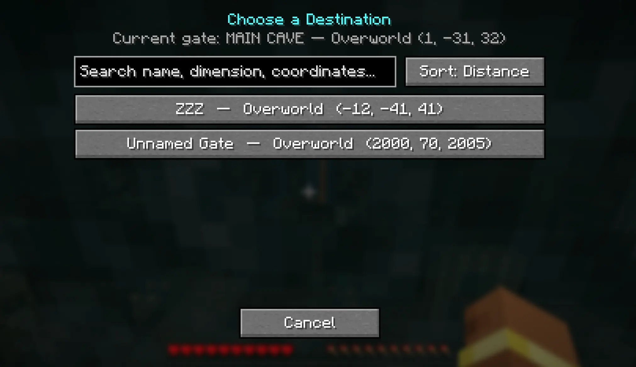 A portal destination selection menu