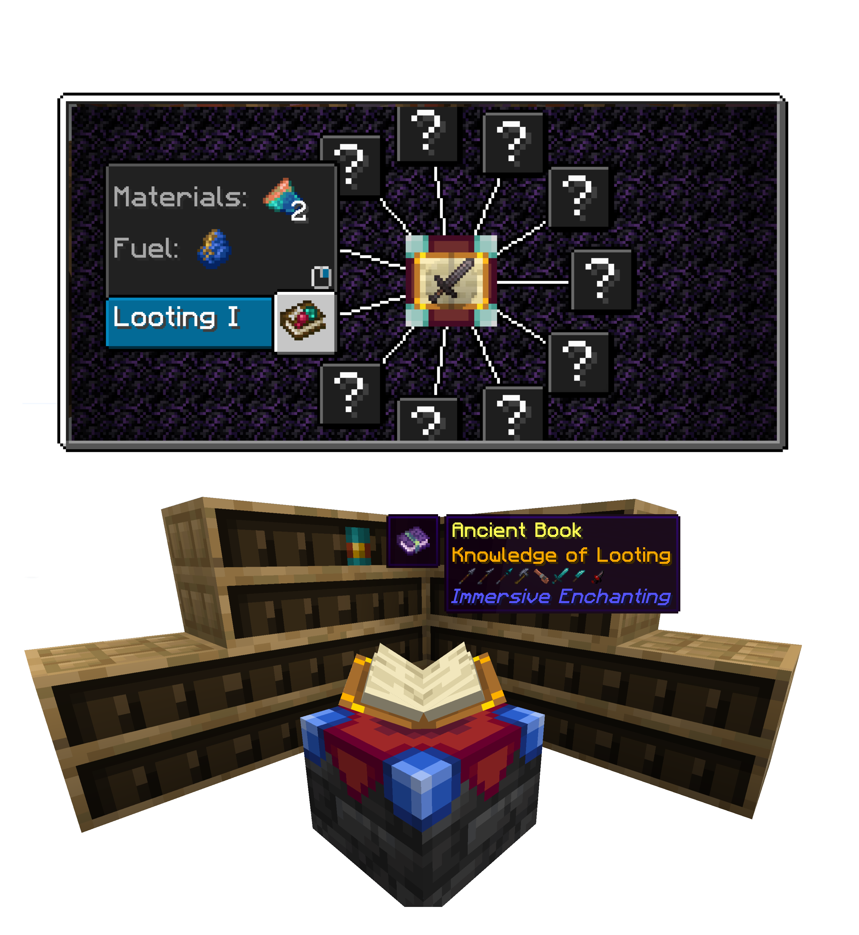 Placing Ancient Books into Chiseled Bookshelves next to an Enchanting Table will enable you to enchant items with the book's enchantment!