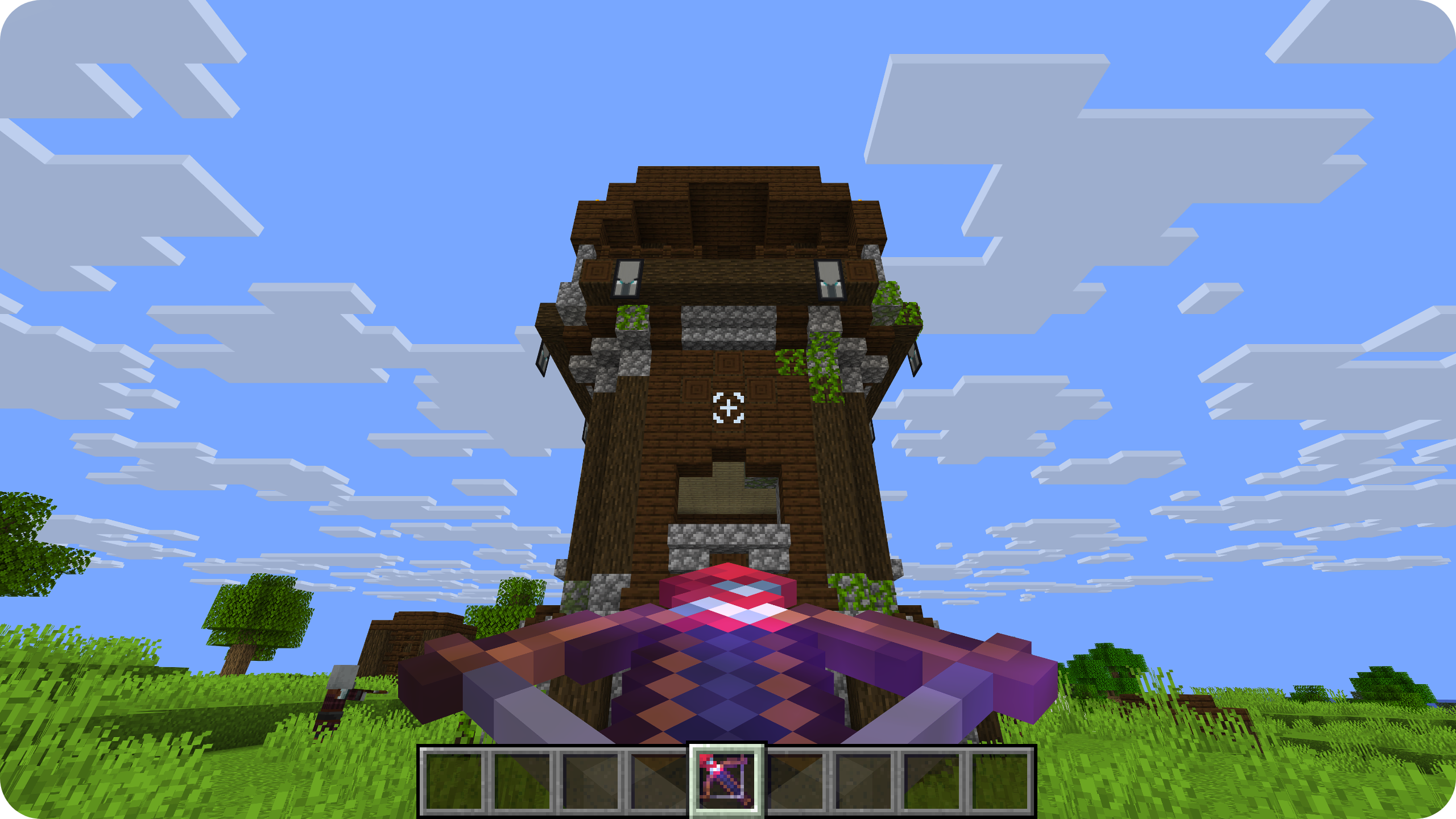 Overview of the AIMY Crosshair targeting a Pillager Outpost with a charged firework crossbow.