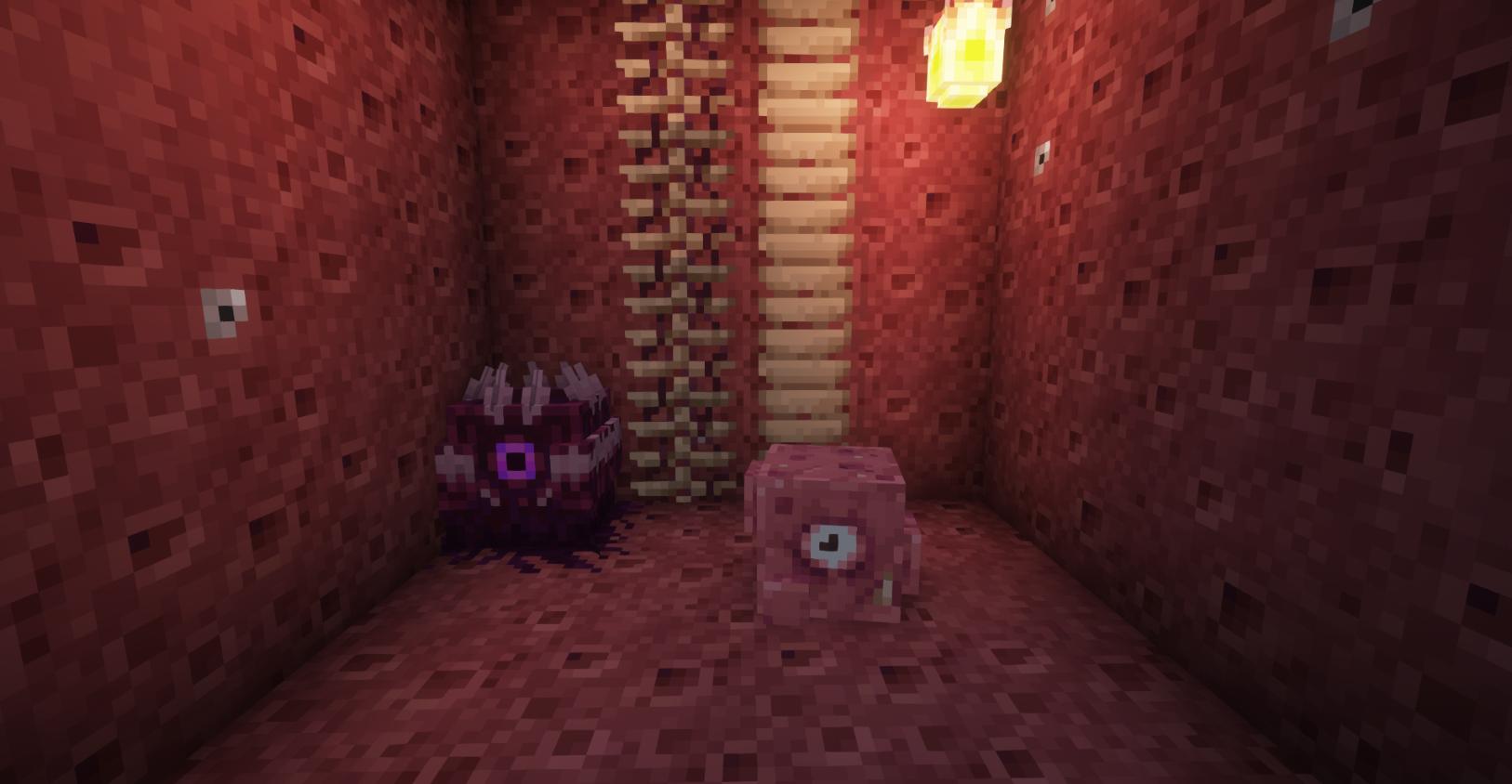 Meaty room with primordial cradle and a flesh blob.