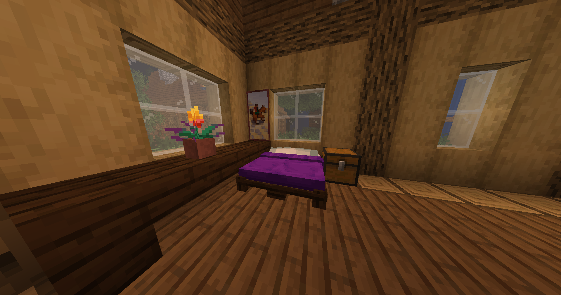 This Minecraft screenshot showcases the Purple Double Bed placed within a cozy, fully decorated interior. The image demonstrates how the furniture model fits naturally into a player-built home.