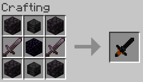 The crafting recipe for the Darkness sword. Corners: Blackstone. Center: Obsidian. Sides: Netherite sword. Top and bottom: Wither skeleton skull .