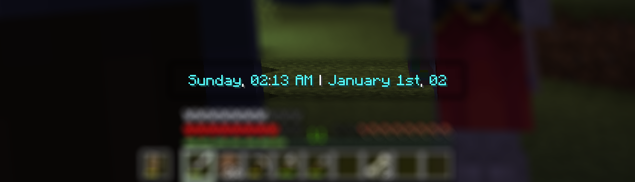 Minecraft actionbar showing "Sunday, 02:13 AM | January 1st, 02"