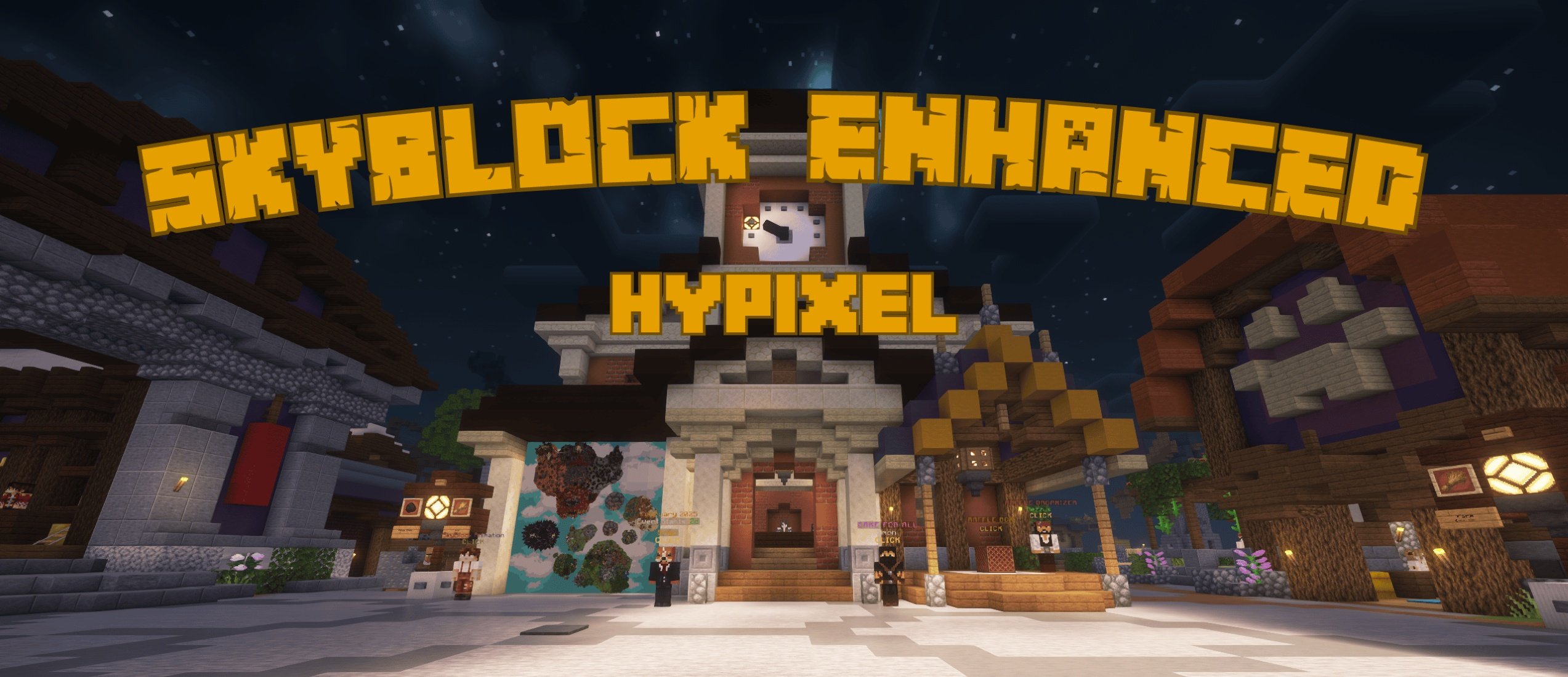 The Hypixel skyblock hub with Skyblock Enhanced text and a beautiful nath sky with saders