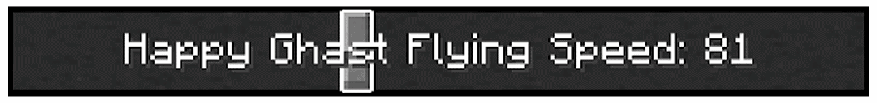An animated gif showing an in game setting titled "Happy Ghast Flying Speed" being manipulated. The setting is being manipulated with a horizontaly sliding rectangular bar. To the right of the setting's title is a number. As the bar begins to move to the right, the number increases from 60 to 150. The slider then moves back towards the left, decreasing the number from 150 to 60. This motion repeats itself indefinetly.