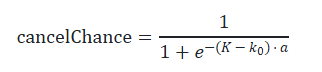 $$\text{cancelChance} = \frac{1}{1 + e^{-(K - k_0) \cdot a}}$$