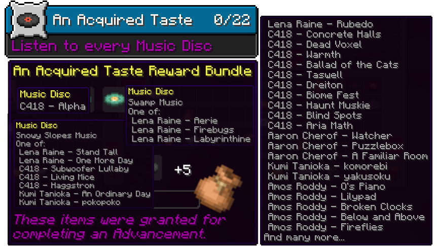 This image is showing off the various custom music discs granted as a reward for completing the 'An Acquired Taste' Advancement.