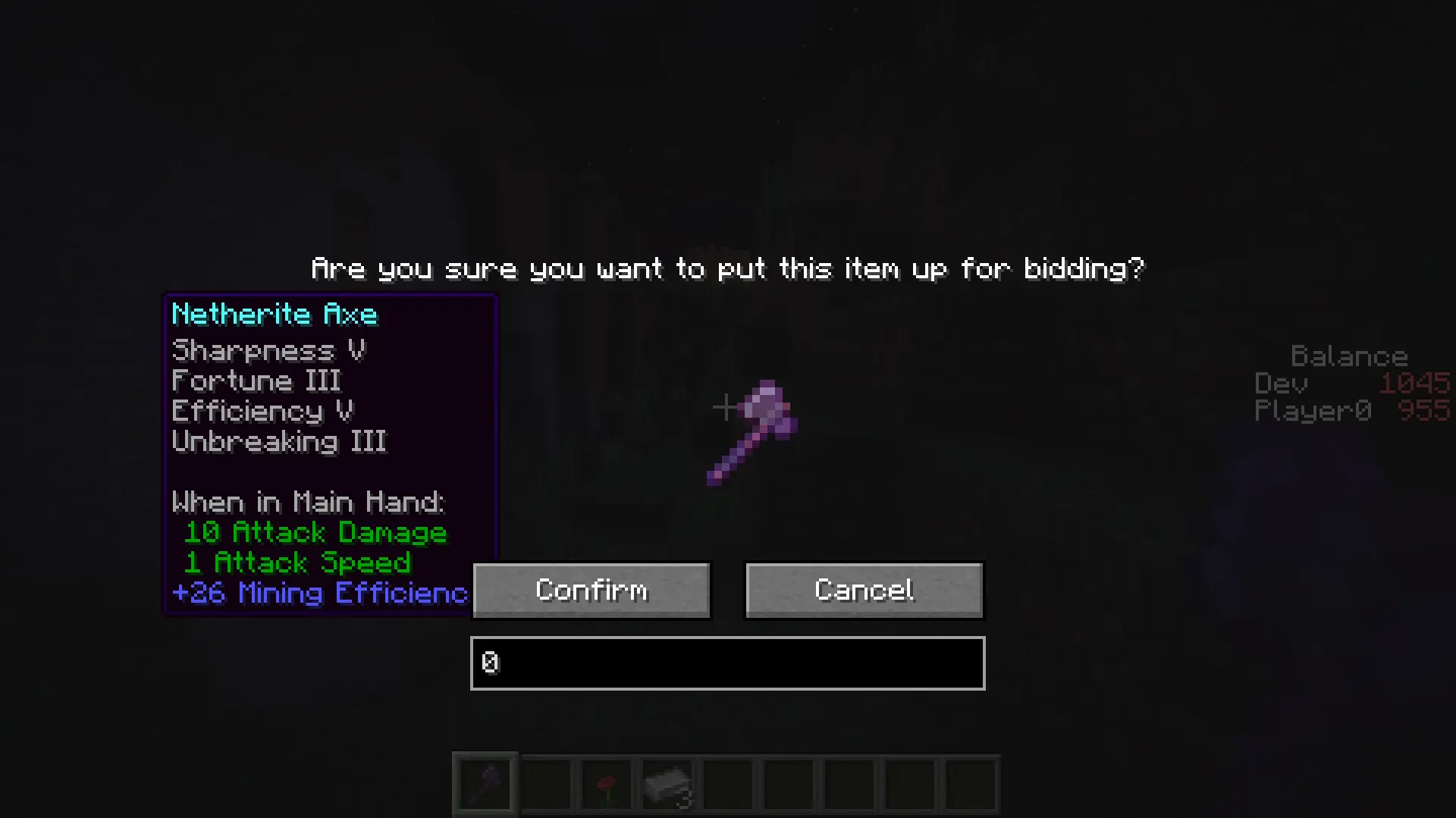 Screenshot of the auctioneer confirmation screen