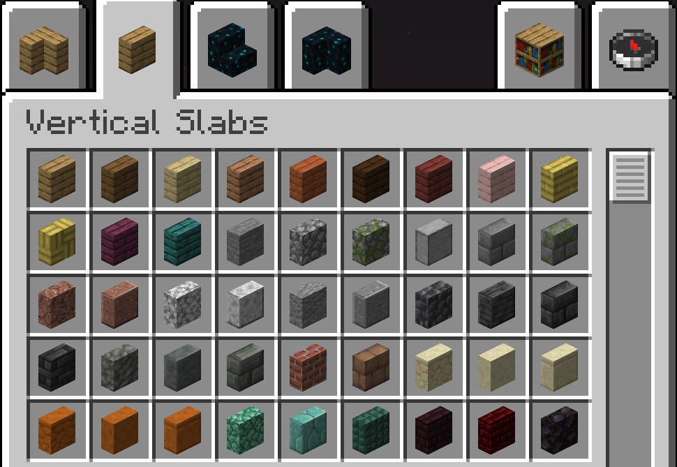 In-game screenshot of the custom creative inventory tab filled with vertical slabs