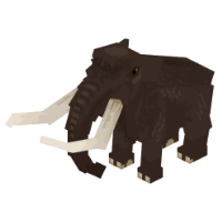 Mammoth render. A hairy, dark brown animal with two protruding tusks and a long nose.