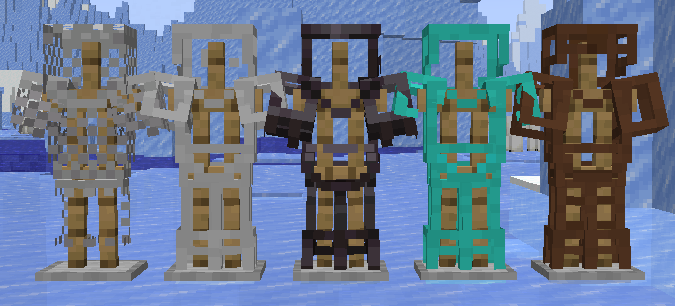 5 armor stands stand adjacent to each other. wearing chainmail, iron, netherite, diamond and leather in order from left to right. showing how the resource pack changes the armor as only the outlines of the armor are visible. showing the armor stand inside so u can see the skin when woren on the player.