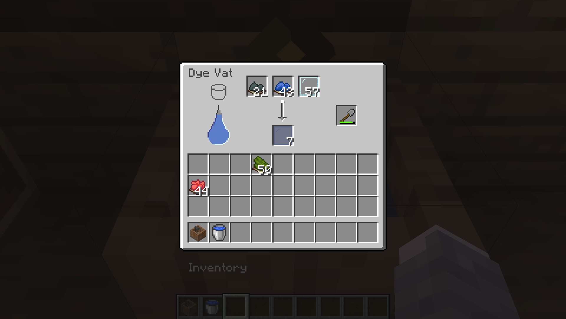 Same UI as before, but the water drop is nearly full of blue. A blue-greenish grey Mixed Dye is in the first slot, a blue dye is in the second slot, and a glass pane is in the third slot. The arrow is partly filled with white now. The shovel slot has a stone shovel in it. The output slot has a stained glass pane with a dark pale blue.