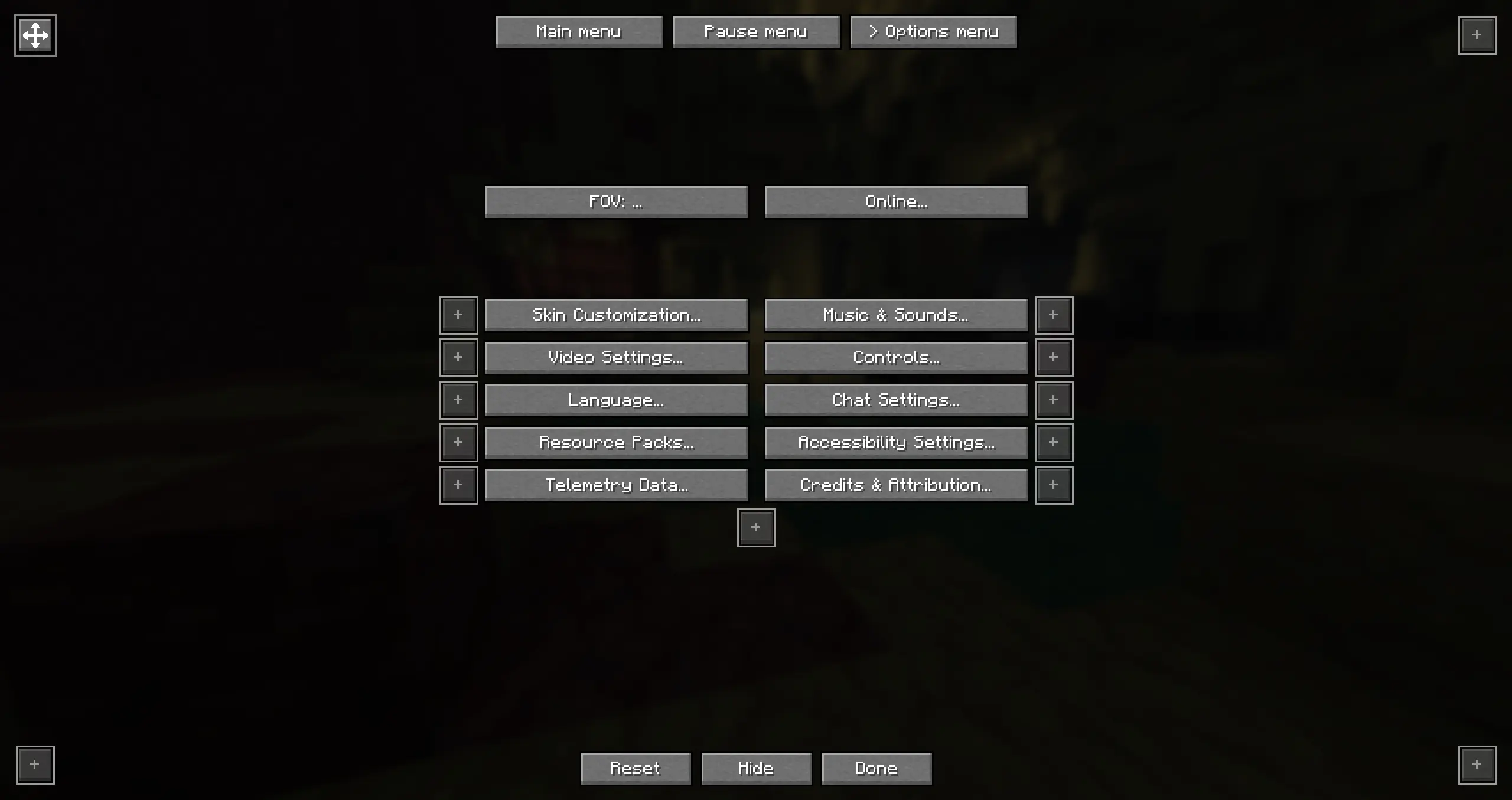 Options menu screen