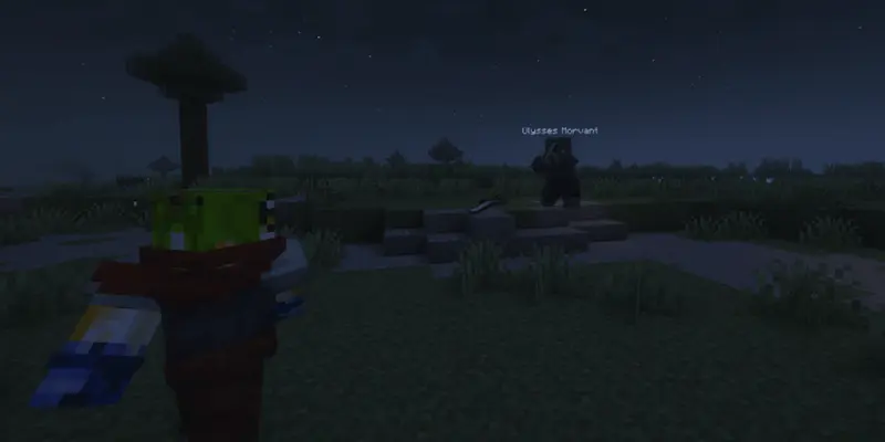 Over-the-shoulder scene of player rogue facing an enemy rogue. Enemy Rogue is throwing daggers at the player.