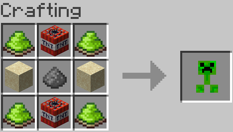 The crafting recipe of the Dried Creeper using 4 Lime Dye, 2 TNT, 2 sand, and 1 gunpowder.
