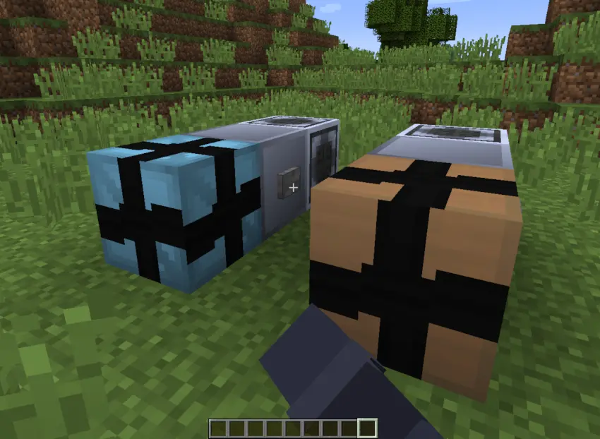 A screenshot showing the player using a button to activate a machine that applies tape to a crate in front of it