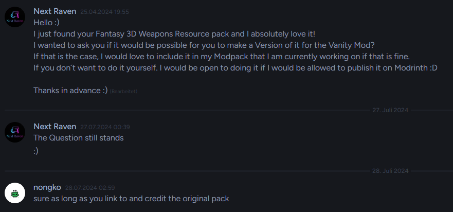 Image of the discord agreement to let me create this mod