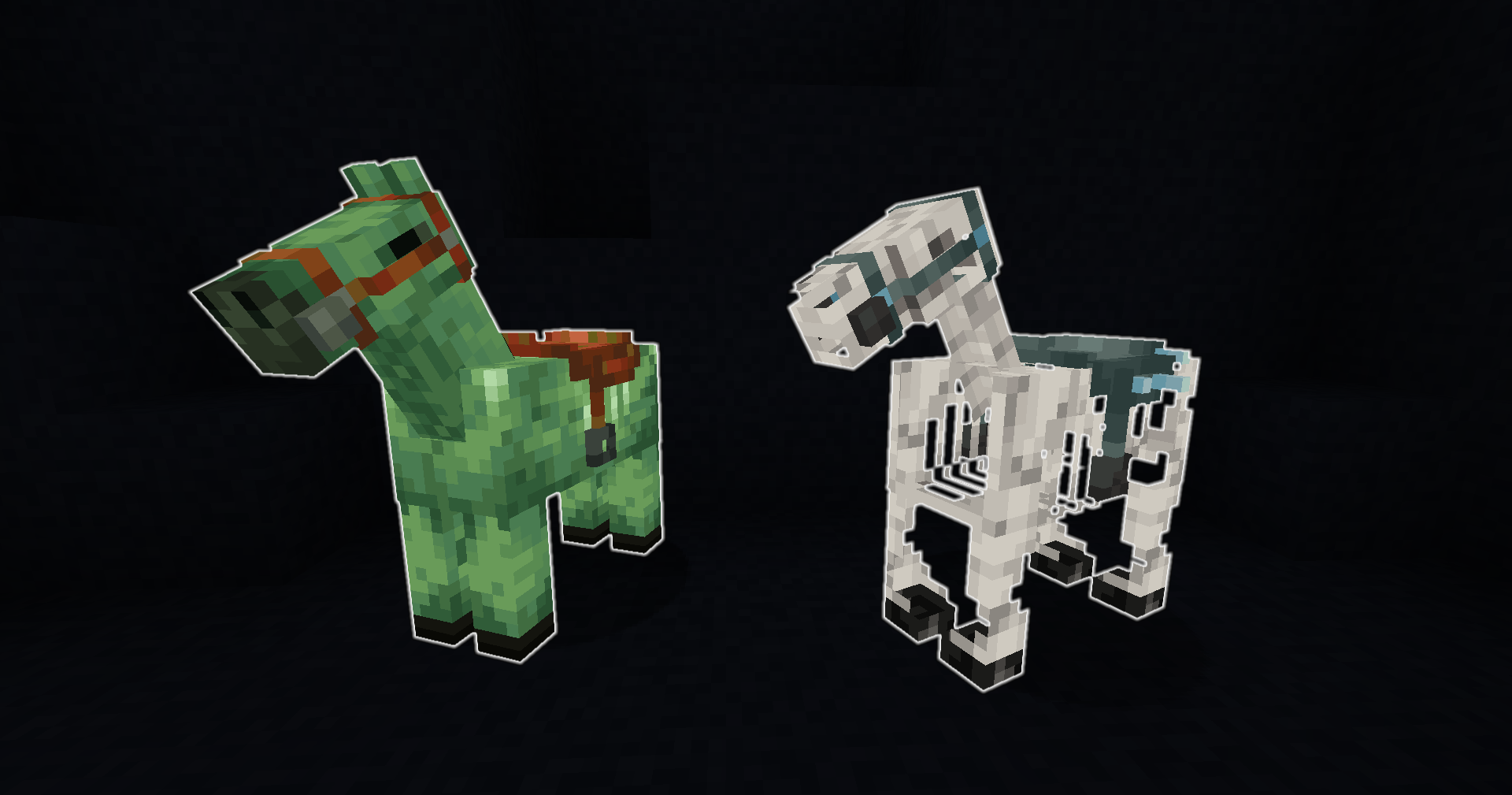 A zombie horse and a skeleton horse are lined up next to one another. Both of them are wearing a saddle.