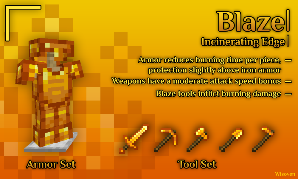 Blaze: armor reduces burning time, weapons have fire aspect. On par with iron equipment.