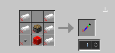 One piston in the middle of the crafting table with a redstone block below, a stone button in the bottom left corner, and iron in all remaining slots except for the top center slot
