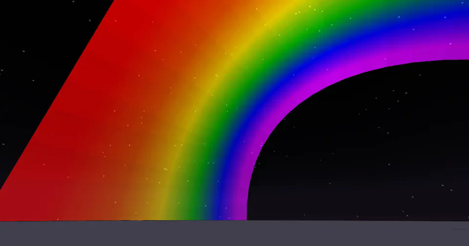 A rainbow in Minecraft at night arcs from the bottom left of the screen to the top right. Stars are visible in the background, and the land is otherwise flat and featureless.