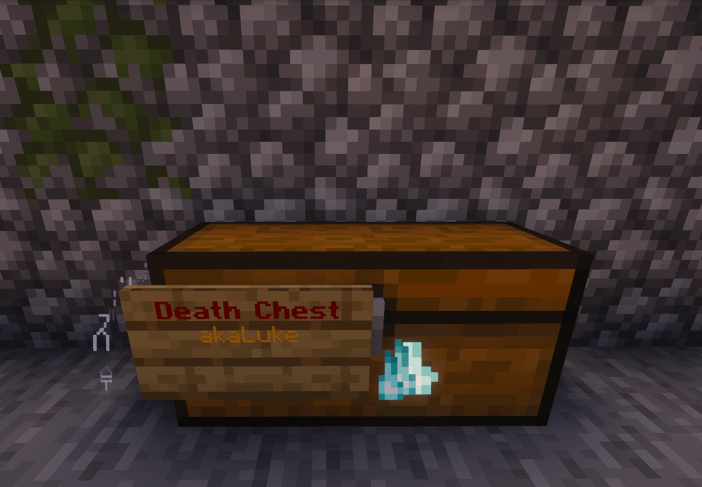 Double chest with Death Chest sign placed on it.