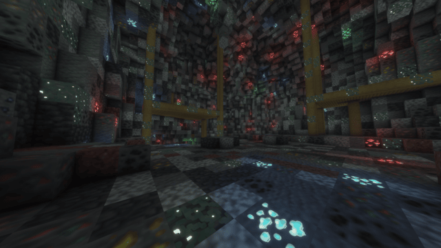 An image of a mine, filled with bright, glowing ores