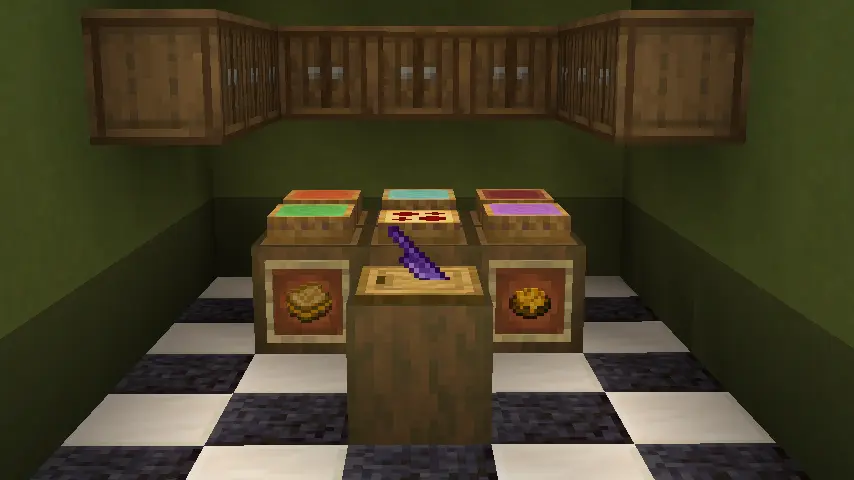A showcase of the items in the mod. Five pies are shown, as well as pizza, a cheese sandwich, and mac & cheese. A manyullyn knife is presented in the center of the screen.