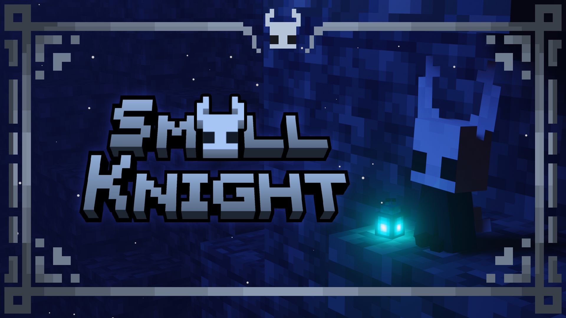 The picture shows a knight from the game "Hollow Knight." He is sitting in a cave with a blue light shining into it. Next to him is his flashlight, which also shines blue. Opposite the knight is the text stating the name of the "Small Knight" texture pack.