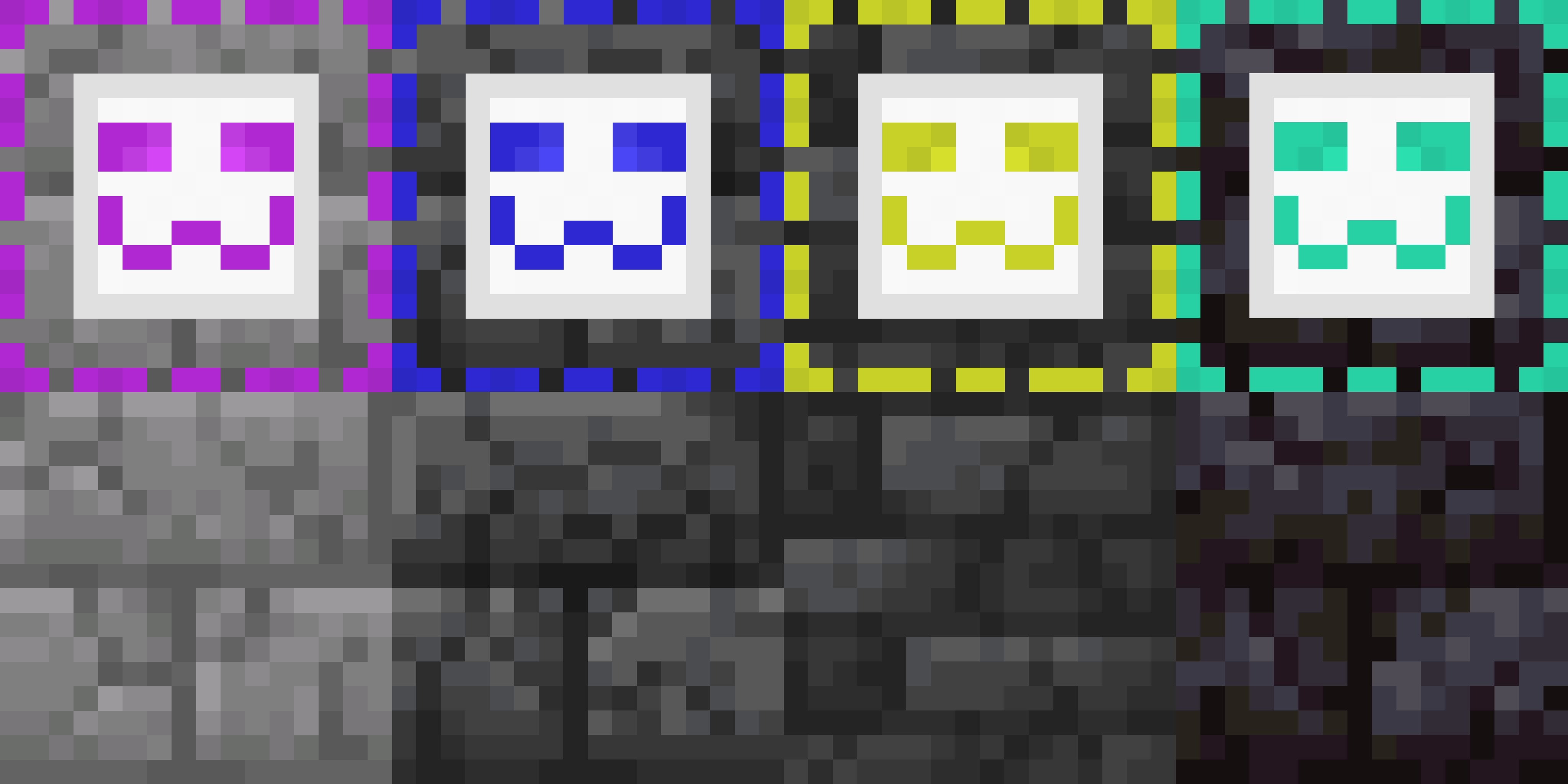 The image shows 2 rows of blocks the first showing colourfull retextures with an outline around the edge and a smile in the middle of the block. The row below shows the original textures for the blocks