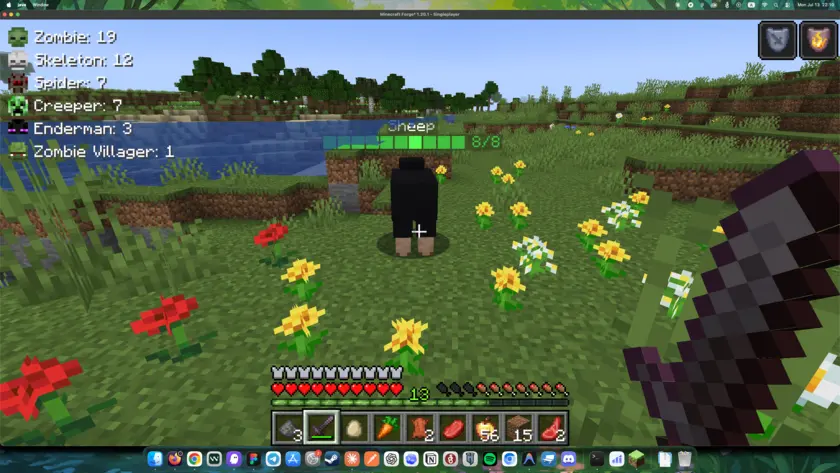Krylix mob kill stats panel in the top-left corner listing kills by mob type (Zombie, Skeleton, Spider, Creeper, Enderman, Zombie Villager), with the health indicator showing a Sheep's name and full health bar above the crosshair target.