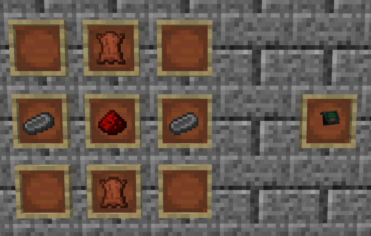 2 steel, left and right. 2 leather, up and down. 1 redstone, middle