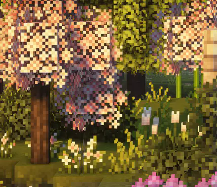 Pink Blossom tree with white flowers and flowery grass