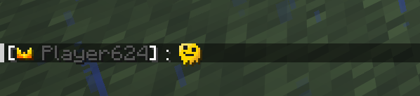 Minecraft screenshot, showcasing a player with a crown icon and the tag "Player624" having typed a melting face emoji in the chat.