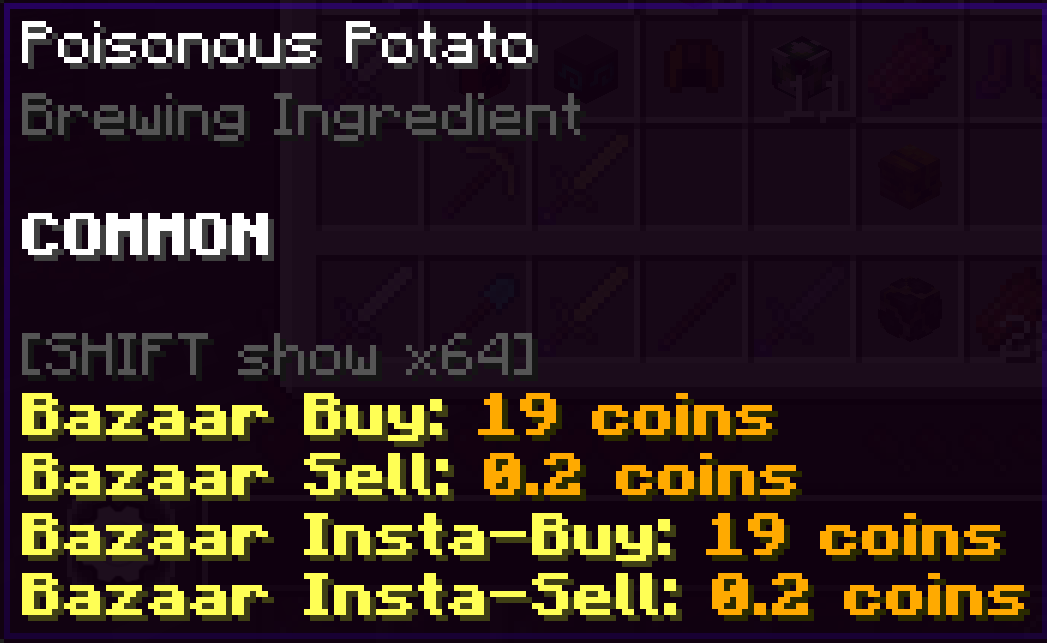 An item description of a poisonous potato showing Bazaar price