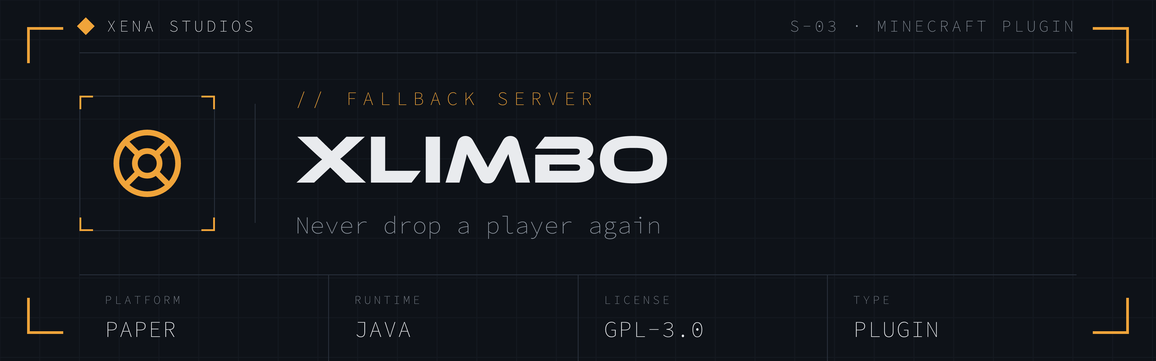 xLimbo by Xena Studios, a fallback server plugin for Paper. A life-buoy icon and the xLimbo wordmark on a dark mission-control style banner with the tagline "Never drop a player again."