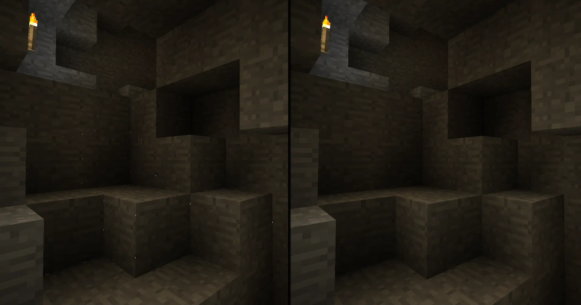 Dim cave without and with the mod installed