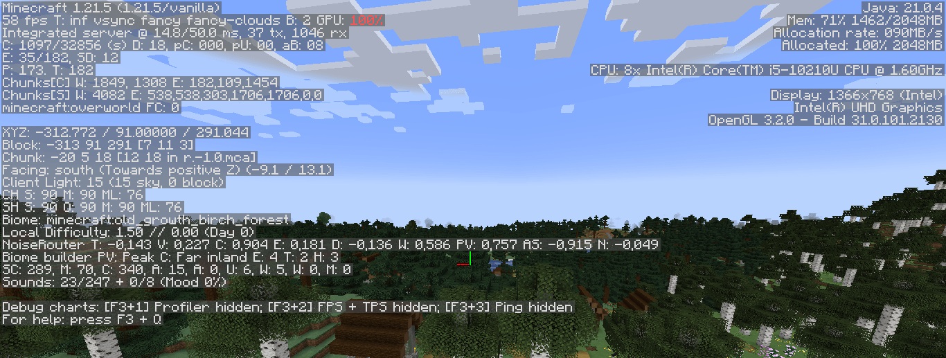 A screenshot without the pack showing 58 FPS, 100% GPU Usage and 71% Memory