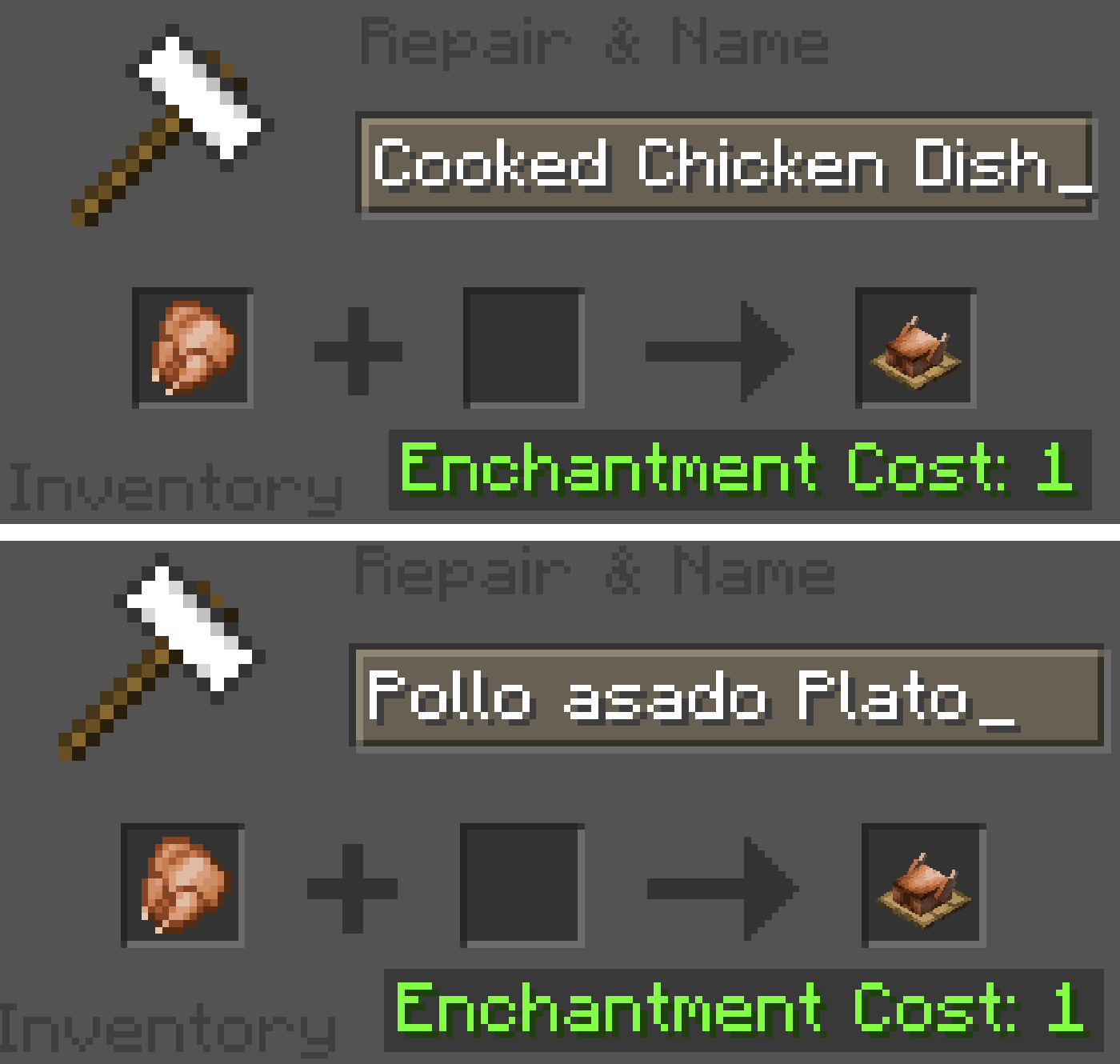 Two images of renaming items in an anvil. Upon being renamed, the food becomes 3D.