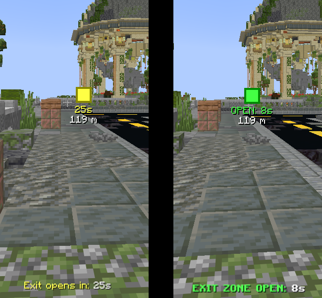 Screenshot showing yellow and green exit zone waypoints with a countdown timer.