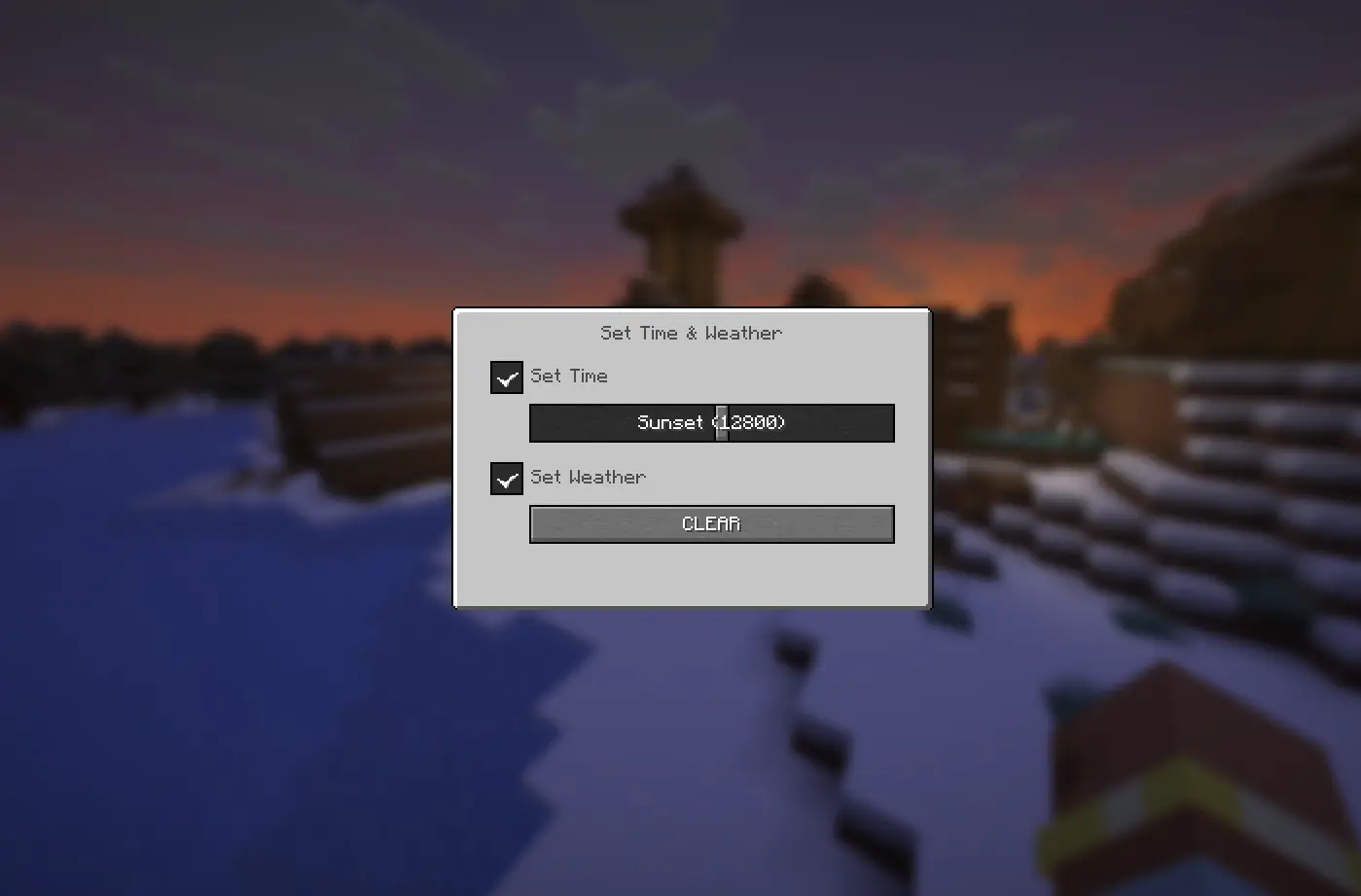 Screenshot of the in-game config with options for time and weather