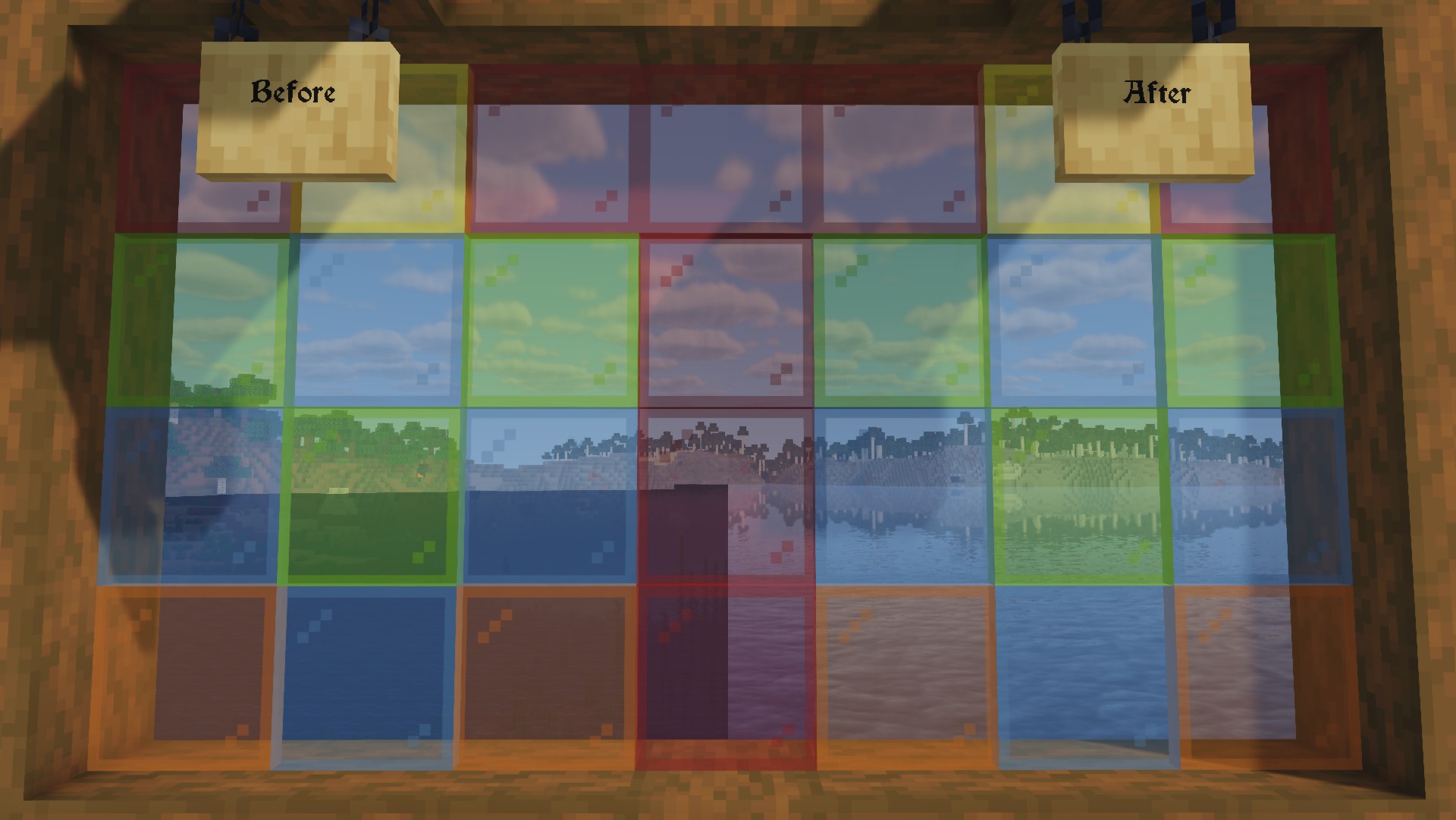 before and after image comparing glitchy vs properly rendered water with reflections behind stained glass