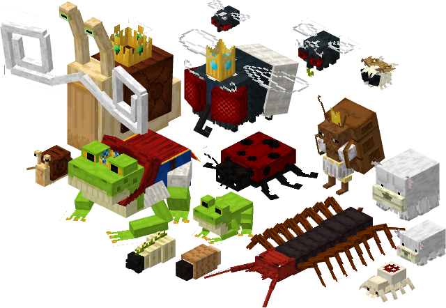 All the mobs added by this mod! Including frogs, snails, flies... and their upgraded versions!