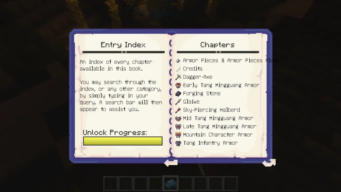 Patchouli UI: Displaying a mod guide. This mod supports Patchouli.