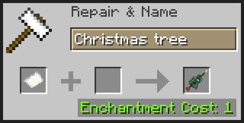 A piece of paper in the anvil UI being renamed to "Christmas tree" and the anvil output showing a christmas tree model instead of paper.